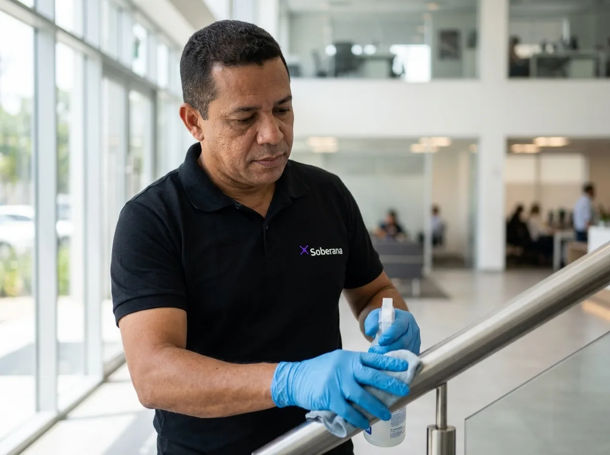 Profissional limpando um corrimão, com luvas e a logo da Soberana no uniforme preto.