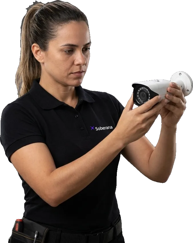 Operador acompanhando câmeras e registros de acesso, com headset e a logo da Soberana no uniforme preto.